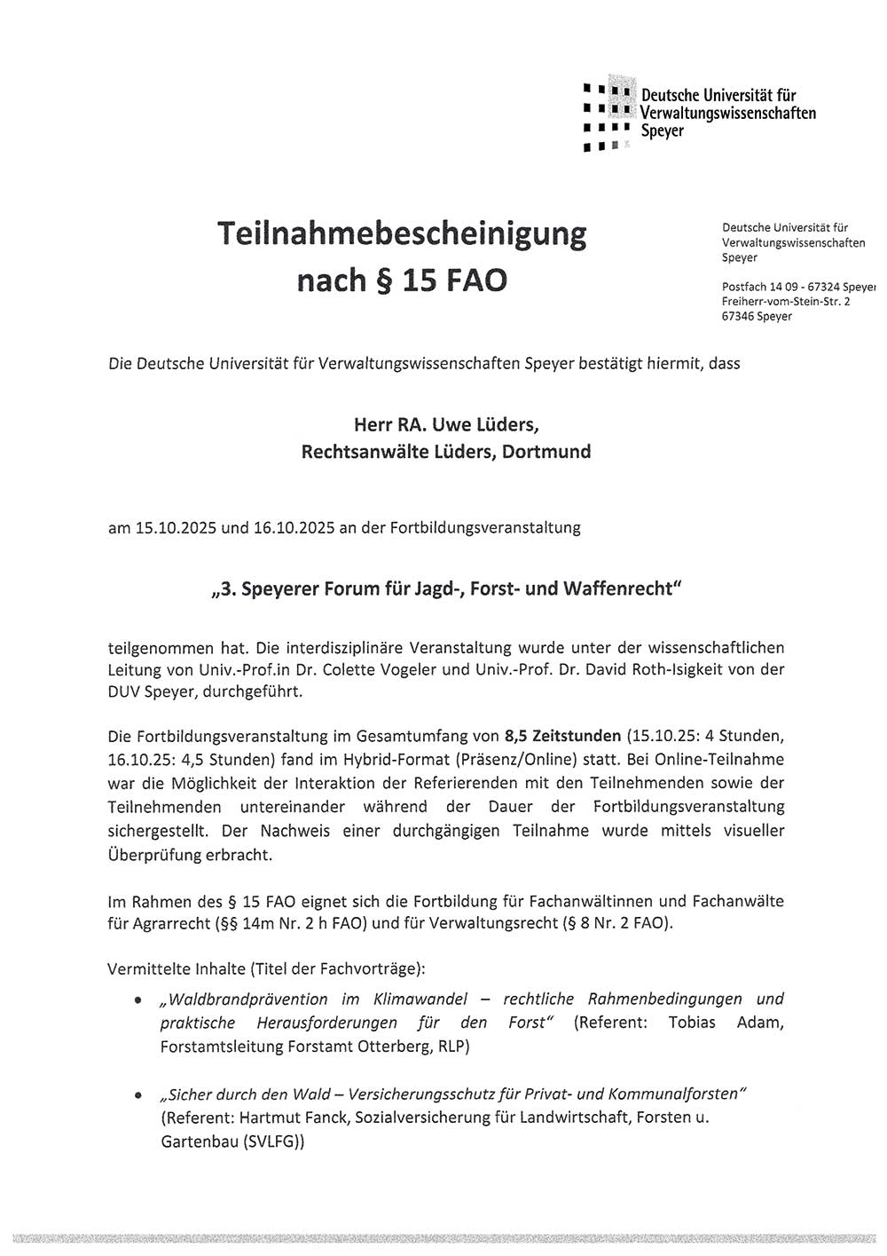 Teilnahmebescheinigung Jagd- und Waffenrecht